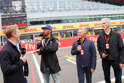 (L to R): Simon Lazenby, Sky Sports F1 TV Presenter; Lewis Hamilton, Mercedes AMG F1; Johnny Herbert