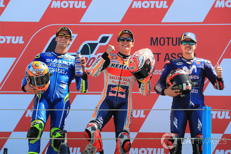 Podium: second place Alex Rins, Team Suzuki MotoGP, Race winner Marc Marquez, Repsol Honda Team, third place Maverick Viñales, Yamaha Factory Racing