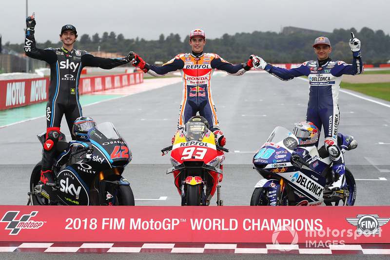 2018 World Champions: Francesco Bagnaia, Sky Racing Team VR46, Marc Marquez, Repsol Honda Team, Jorge Martin, Del Conca Gresini Racing