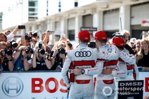 Top 3 después de la carrera, ganador de la carrera Jamie Green, Audi Sport Team Rosberg, Robin Frijns, Audi Sport Team Abt Sportsline, René Rast, Audi Sport Team Rosberg