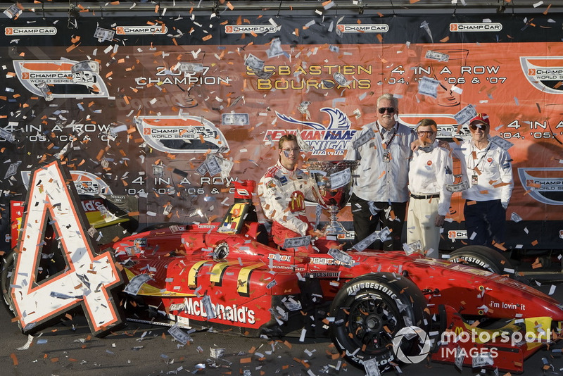 Sebastien Bourdais, Newman Haas Lanigan Racing  with team owners Mike Lanigan, Paul Newman and Carl Haas