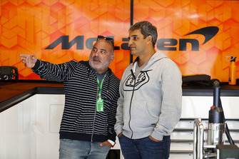Juan Pablo Montoya visits the McLaren garage