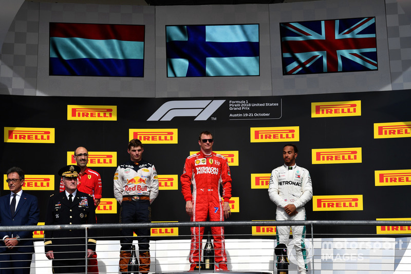 (da Sx a DX): Max Verstappen, Red Bull Racing, Kimi Raikkonen, Ferrari e Lewis Hamilton, Mercedes AMG F1 sul podio