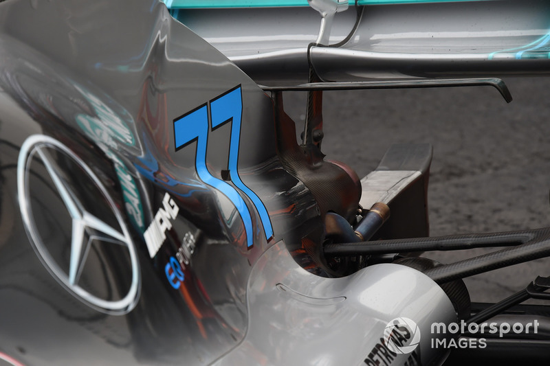 Rear wing and engine cover on car of Valtteri Bottas, Mercedes AMG F1 W09 EQ Power+ after stopping on track during FP2