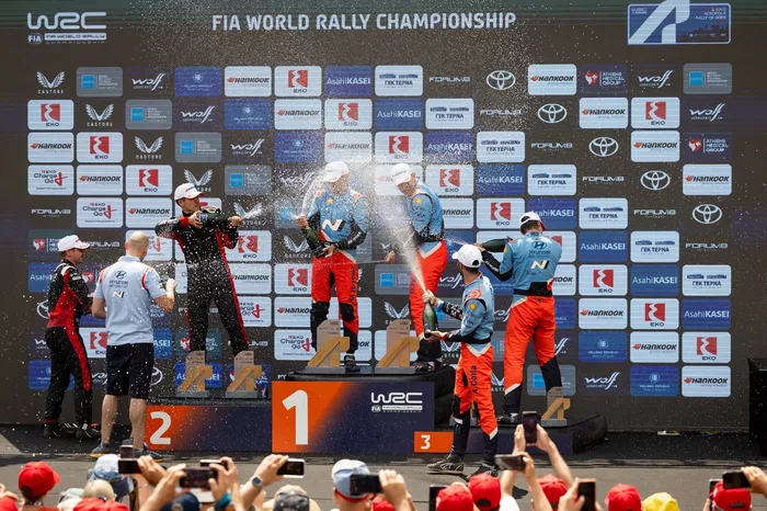 Podium: Winners Ott Tänak, Martin Järveoja, Hyundai World Rally Team Hyundai i20 N Rally1, second place Sébastien Ogier, Vincent Landais, Toyota Gazoo Racing WRT Toyota GR Yaris Rally1, third place Adrien Fourmaux, Alexandre Coria, Hyundai World Rally Tea