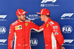 Sebastian Vettel, Ferrari e Kimi Raikkonen, Ferrari, festeggiano nel parco chiuso