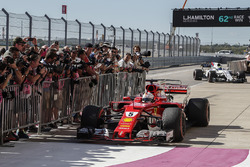 Sebastian Vettel, Ferrari SF70H arrives and celebrates in parc ferme
