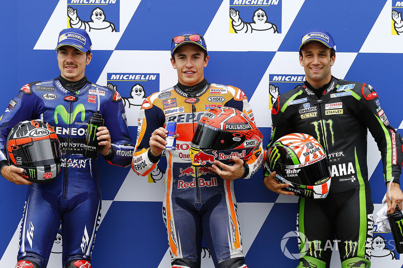 Poleman Marc Marquez, Repsol Honda Team, segunda plaza Maverick Viñales, Yamaha Factory Racing, tercera plaza Johann Zarco, Monster Yamaha Tech 3