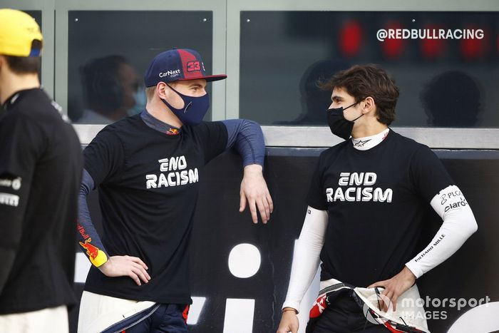 Max Verstappen, Red Bull Racing, Pietro Fittipaldi, Haas F1, en apoyo al movimiento de fin al racismo