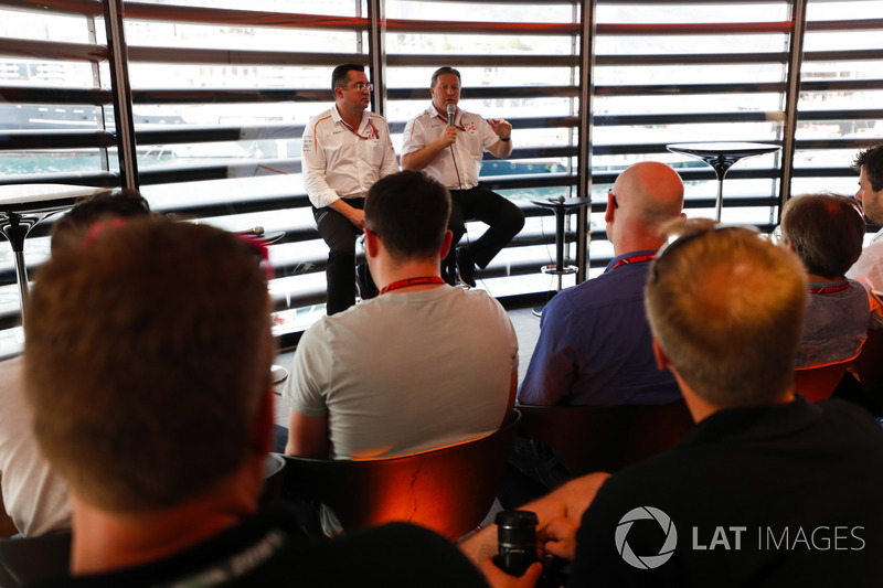Zak Brown, Executive Director, McLaren Technology Group, and Eric Boullier, Racing Director, McLaren, talk to the media
