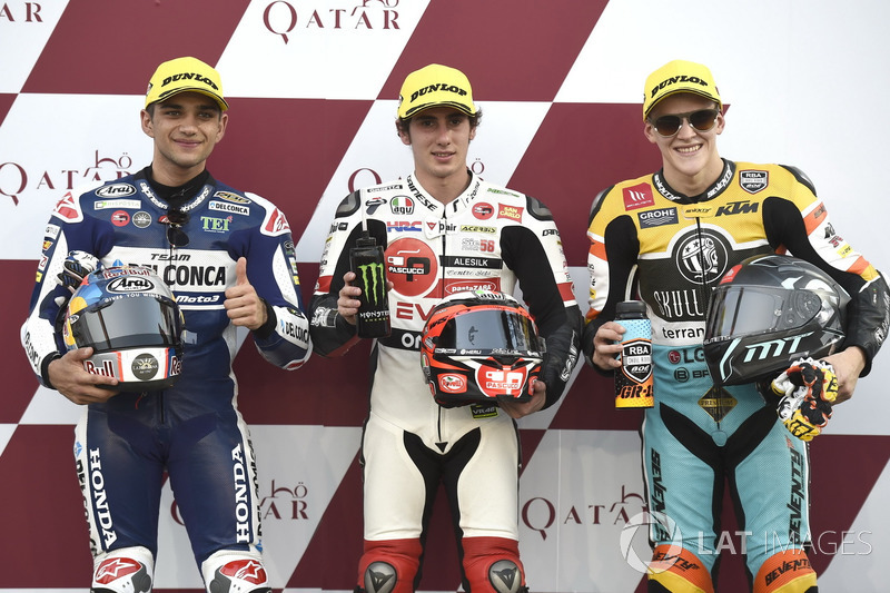 Top 3 after Qualifying: Jorge Martin, Del Conca Gresini Racing Moto3, Niccolo Antonelli, SIC58 Squadra Corse, Gabriel Rodrigo, RBA Racing Team
