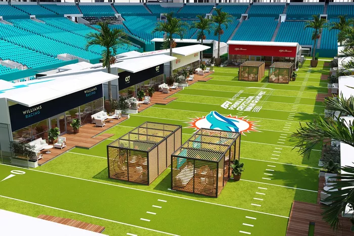 La zona de los equipos en el estadio de los Miami Dolphins para el GP de Miami de F1, el Team Village 