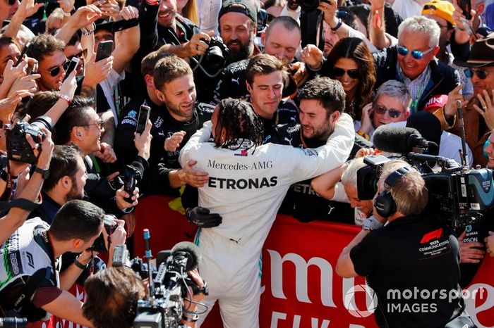 Lewis Hamilton, Mercedes AMG F1, celebrates winning his sixth world championship in parc ferme