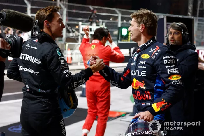 Pole man George Russell, Mercedes-AMG F1 Team, is congratulated by Max Verstappen, Red Bull Racing