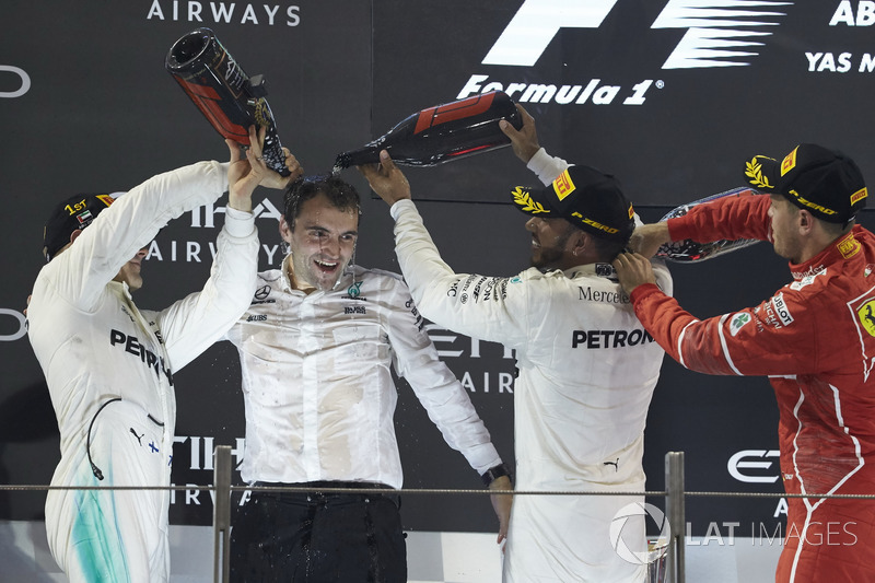 Podium: Second place Lewis Hamilton, Mercedes AMG F1, Race winner Valtteri Bottas, Mercedes AMG F1, 