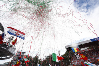 Lewis Hamilton, Mercedes AMG F1, first position, celebrates on the podium as streamers fall