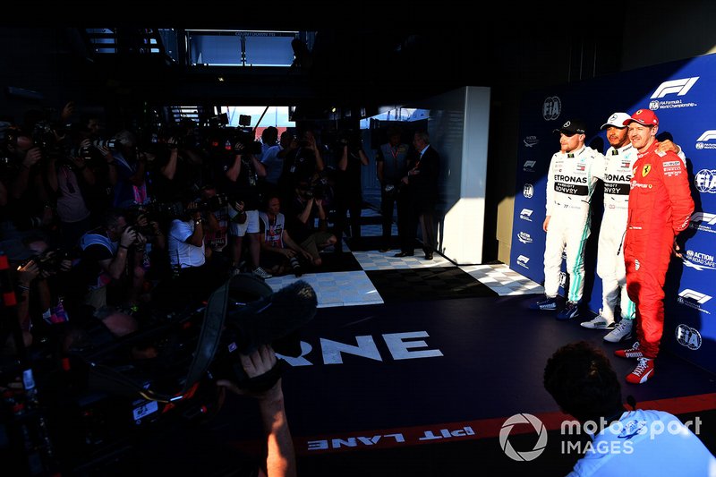 Valtteri Bottas, Mercedes AMG F1, Pole Sitter Lewis Hamilton, Mercedes AMG F1, Sebastian Vettel, Ferrari