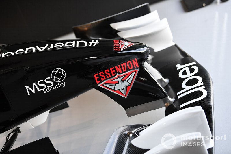 Two-seater front wing detail, including Essendon and Uber branding