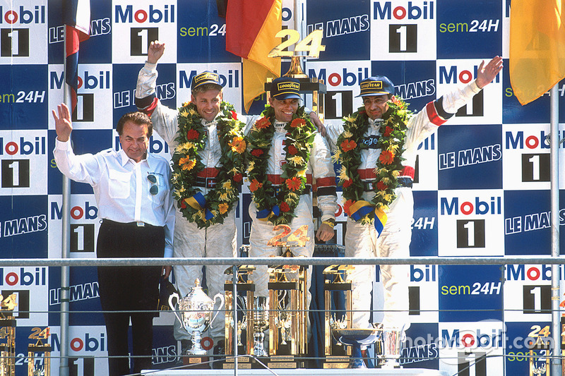 Podium: winners Tom Kristensen, Stefan Johansson, Michele Alboreto, Joest Racing TWR Porsche with Reinhold Joest