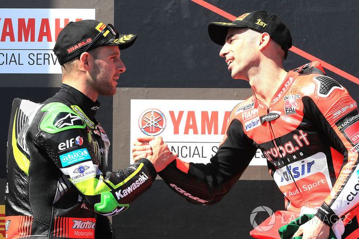 Podium: race winner Marco Melandri, Aruba.it Racing-Ducati SBK Team, second place Jonathan Rea, Kawasaki Racing