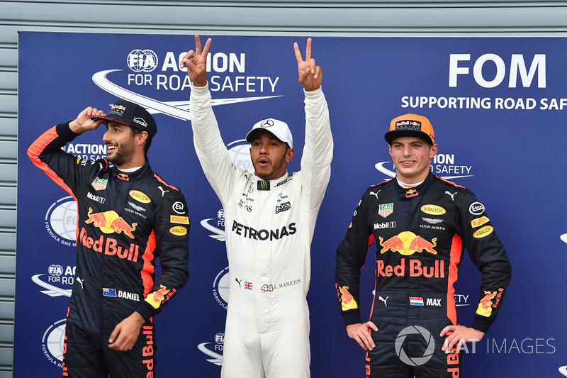 Daniel Ricciardo, Red Bull Racing, pole sitter Lewis Hamilton, Mercedes AMG F1 and Max Verstappen, Red Bull Racing celebrate in parc ferme