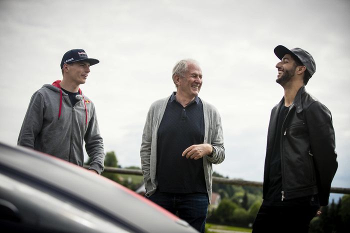 Max Verstappen, Helmut Marko y Daniel Ricciardo, Red Bull Racing
