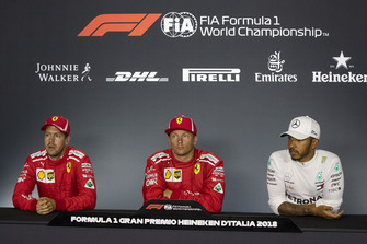 Sebastian Vettel, Ferrari, Kimi Raikkonen, Ferrari and Lewis Hamilton, Mercedes AMG F1 in the Press Conference