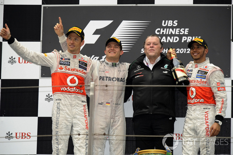 Podium: second place Jenson Button, McLaren, Race winner Nico Rosberg, Mercedes AMG F1, Norbert Haug, Mercedes Sporting Director, third place Lewis Hamilton, McLaren