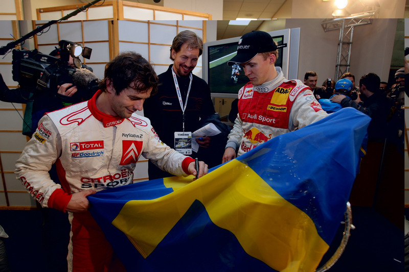 Winner Mattias Ekström with event organizer, Fredrik Johnsson and Sebastien Loeb