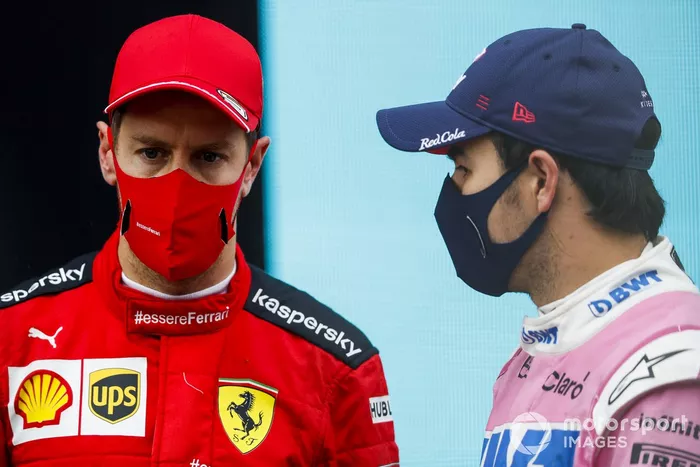 Tercer lugar Sebastian Vettel, Ferrari, y el segundo lugar Sergio Pérez, Racing Point en Parc Ferme 