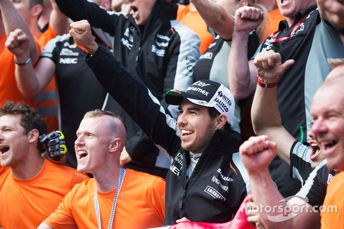 Sergio Pérez, Sahara Force India F1 celebra su tercera posición con el equipo