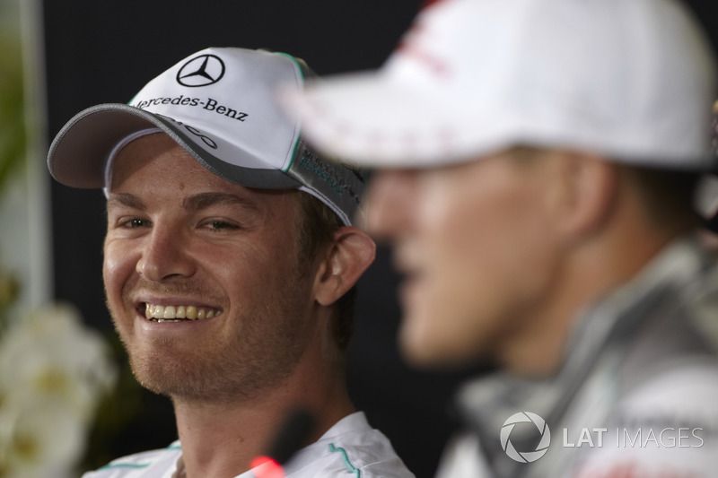 Nico Rosberg, Mercedes AMG et Michael Schumacher, Mercedes AMG en conférence de presse