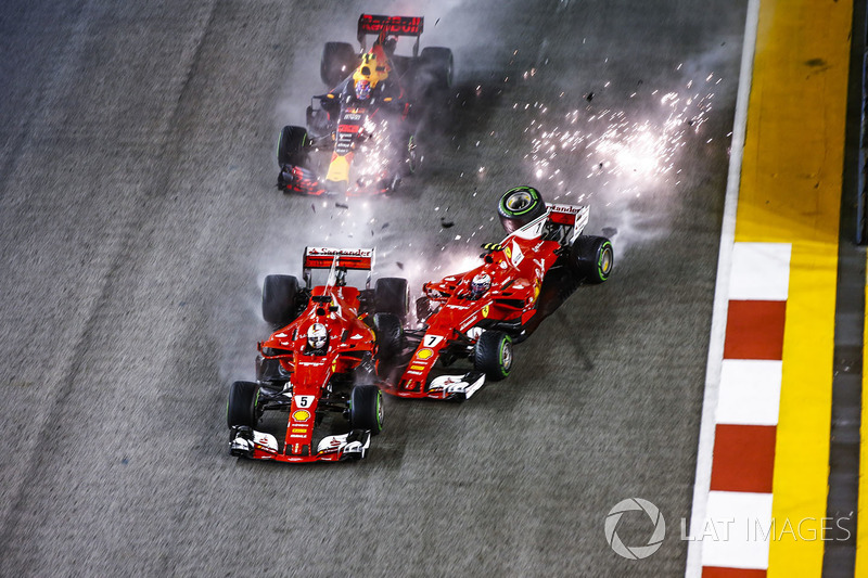 L'incidente di Sebastian Vettel, Ferrari SF70H, Max Verstappen, Red Bull Racing RB13, Kimi Raikkonen, Ferrari SF70H alla partenza