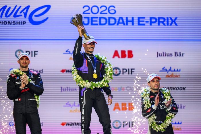 Race winner Pascal Wehrlein, Porsche Formula E Team, celebrates on the podium
