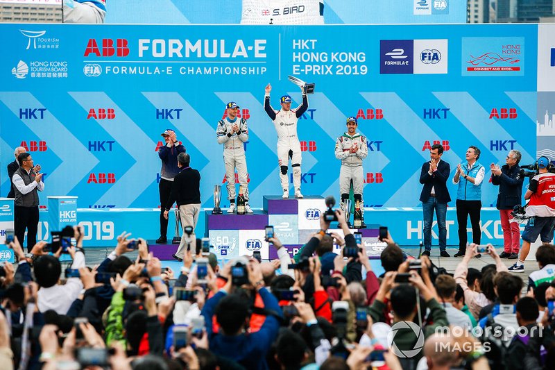Race winner Sam Bird, Envision Virgin Racing with Edoardo Mortara, Venturi Formula E, 2nd position, Lucas Di Grassi, Audi Sport ABT Schaeffler, 3rd position on the podium