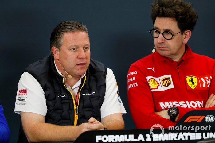 Zak Brown, Executive Director, McLaren, and Mattia Binotto, Team Principal Ferrari