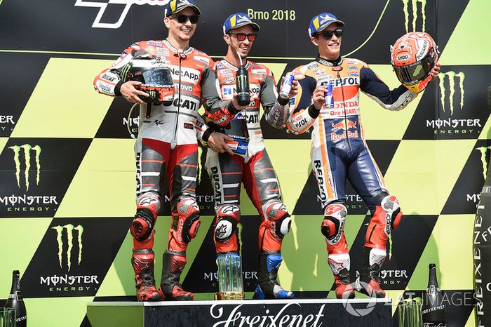 Podio: 1º Andrea Dovizioso, Ducati Team, 2º Jorge Lorenzo, Ducati Team, 3º Marc Marquez, Repsol Honda Team