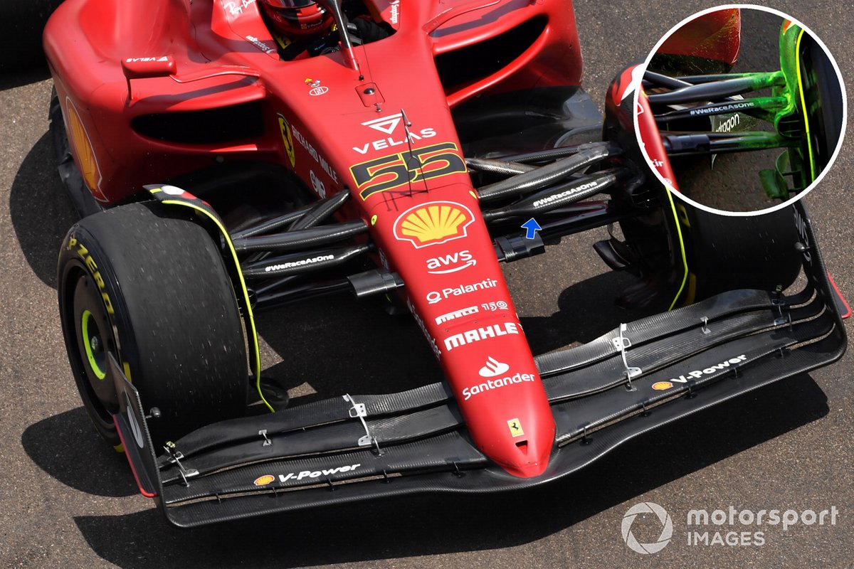 Gros plan sur la suspension avant de la Ferrari F1-75