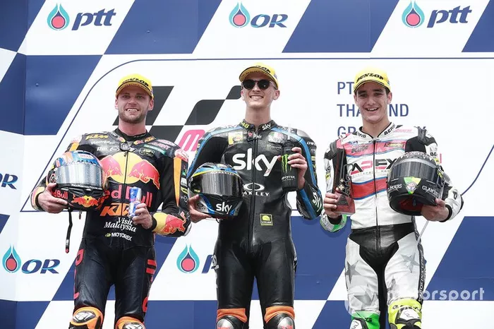 Podio: il vincitore della gara Luca Marini, Sky Racing Team VR46, secondo classificato Brad Binder, KTM Ajo, terzo classificato Iker Lecuona, American Racing KTM