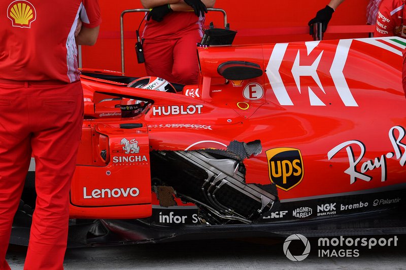 Charles Leclerc, Ferrari SF71H, con una parte della carrozzeria mancante