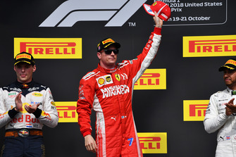 (L to R): Max Verstappen, Red Bull Racing, Kimi Raikkonen, Ferrari, and Lewis Hamilton, Mercedes AMG F1 celebrate on the podium