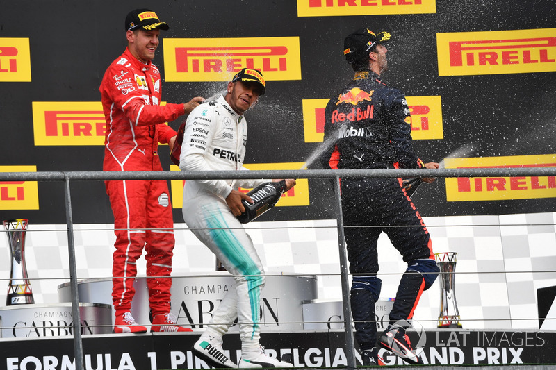 Lewis Hamilton, Mercedes AMG F1, Sebastian Vettel, Ferrari and Daniel Ricciardo, Red Bull Racing celebrate on the podium