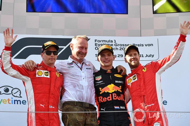 Podium: race winner Max Verstappen, Red Bull Racing, second place Kimi Raikkonen, Ferrari, third place Sebastian Vettel, Ferrari