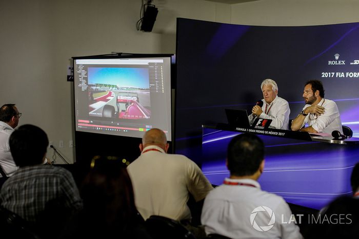 Charlie Whiting, FIA Delegate and Matteo Bonciani, FIA Media Delegate in the Press Conference discussing the Kimi Raikkonen, Ferrari and Max Verstappen, Red Bull Racing incident at United States Grand Prix