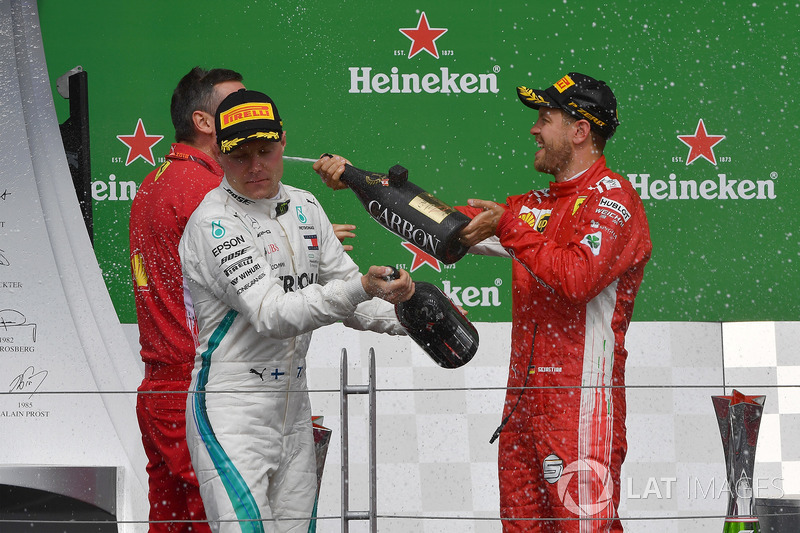 Valtteri Bottas, Mercedes-AMG F1 and Sebastian Vettel, Ferrari celebrate on the podium with the cham