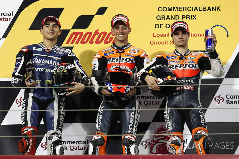 Podium: race winner Casey Stoner, Repsol Honda Team, second place Jorge Lorenzo, Yamaha Factory Raci