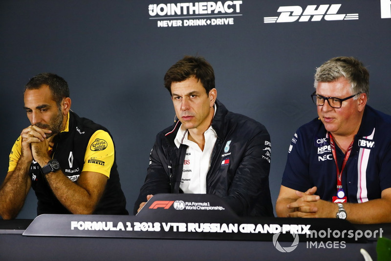 Cyril Abiteboul, Managing Director, Renault Sport F1 Team, Toto Wolff, Mercedes AMG F1 Director of Motorsport, and Otmar Szafnauer, Racing Point Force India Team Principal, in a press conference