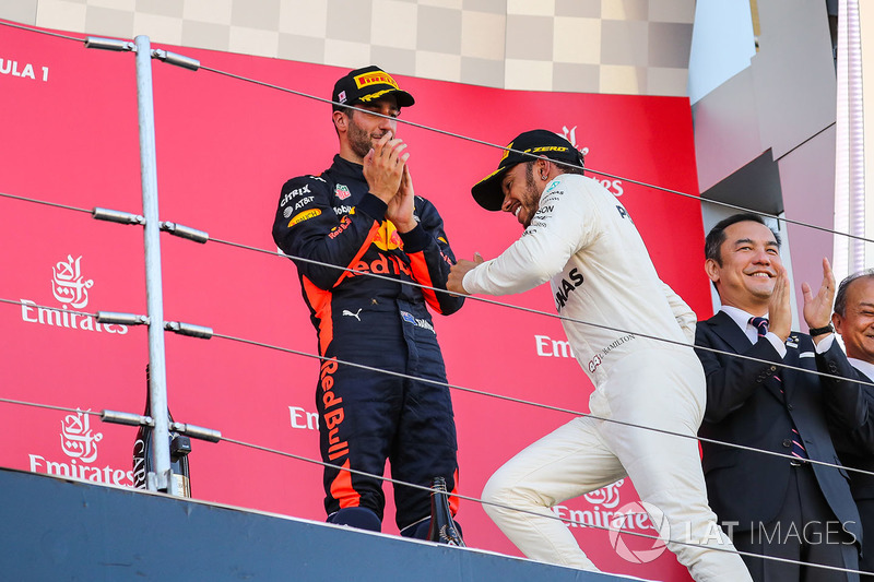 Daniel Ricciardo, Red Bull Racing and Lewis Hamilton, Mercedes AMG F1 celebrate on the podium