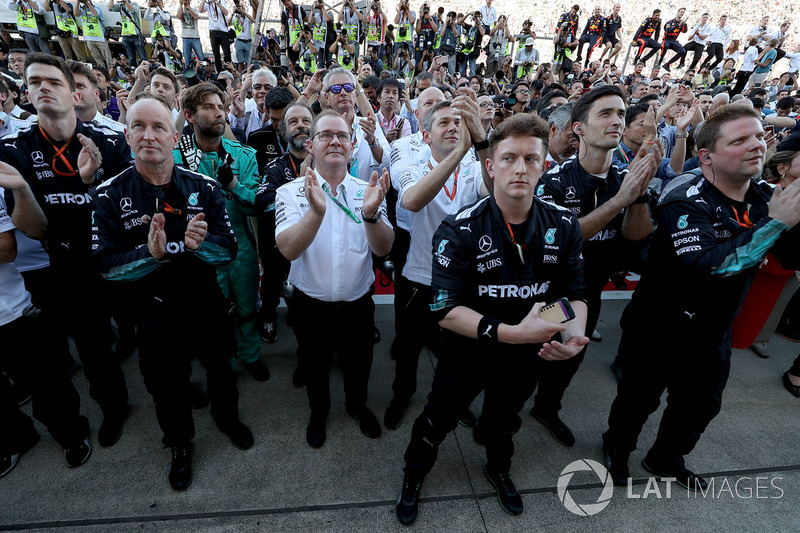 The Mercedes AMG F1 Team celebrate in parc ferme