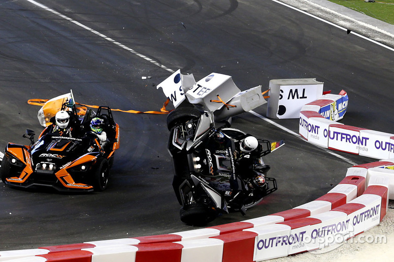 Crash, Pascal Wehrlein and Felipe Massa on the Polaris Slingshot SLR